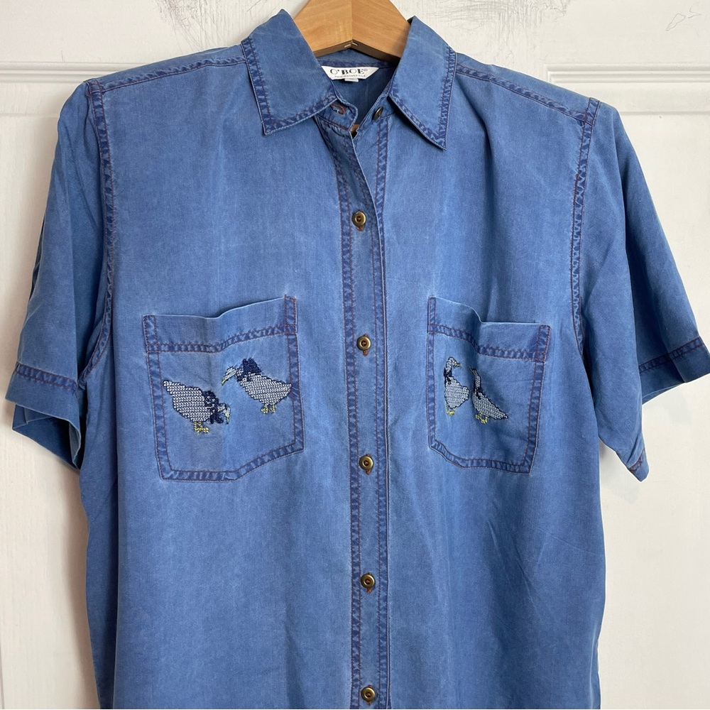 90s SILK Shirt w Goose Cross Stitch Detail